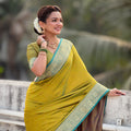 Mustard Yellow Silk Saree with Gold Zari Border Teal Contrast Traditional Saree