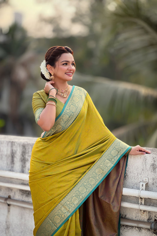 Mustard Yellow Silk Saree with Gold Zari Border Teal Contrast Traditional Saree