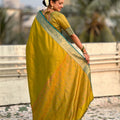 Mustard Yellow Silk Saree with Gold Zari Border Teal Contrast Traditional Saree