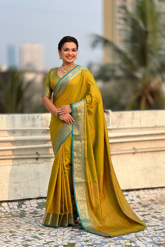 Mustard Yellow Silk Saree with Gold Zari Border Teal Contrast Traditional Saree