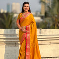 Mustard Yellow Silk Saree Rich Red Zari Border Traditional Saree