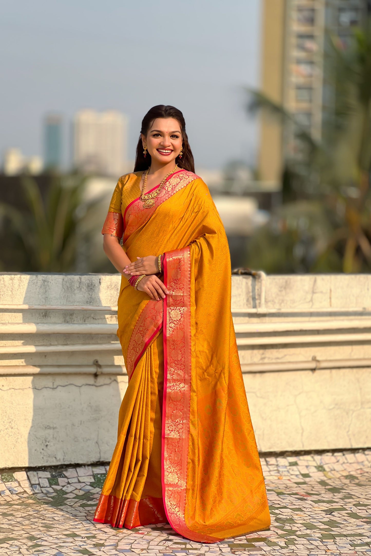 Mustard Yellow Silk Saree Rich Red Zari Border Traditional Saree