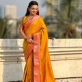 Mustard Yellow Silk Saree Rich Red Zari Border Traditional Saree