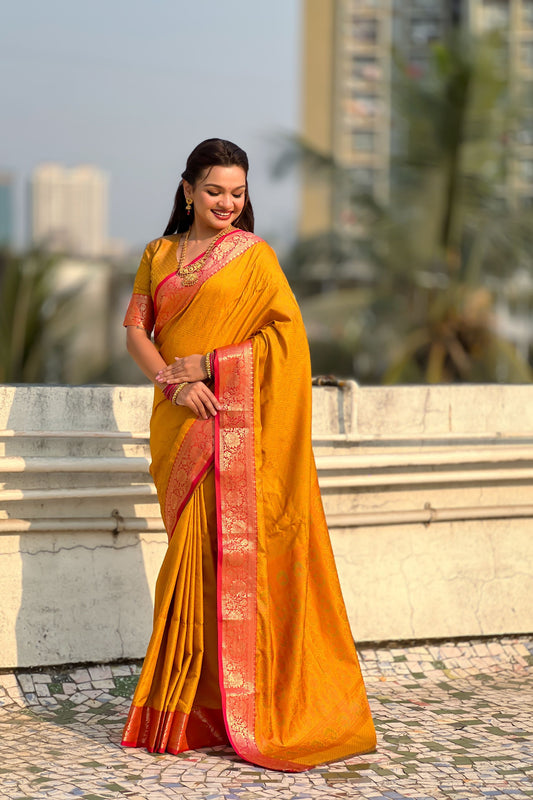 Mustard Yellow Silk Saree Rich Red Zari Border Traditional Saree