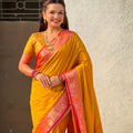 Mustard Yellow Silk Saree Rich Red Zari Border Traditional Saree
