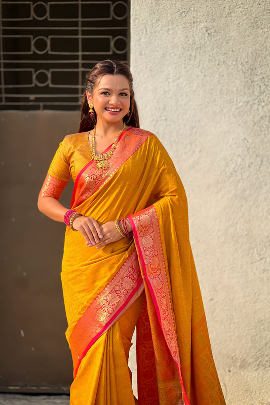 Mustard Yellow Silk Saree Rich Red Zari Border Traditional Saree