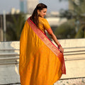 Mustard Yellow Silk Saree Rich Red Zari Border Traditional Saree