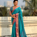 Teal Green Silk Saree with Pink Zari Border Traditional Designer Saree
