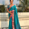 Teal Green Silk Saree with Pink Zari Border Traditional Designer Saree