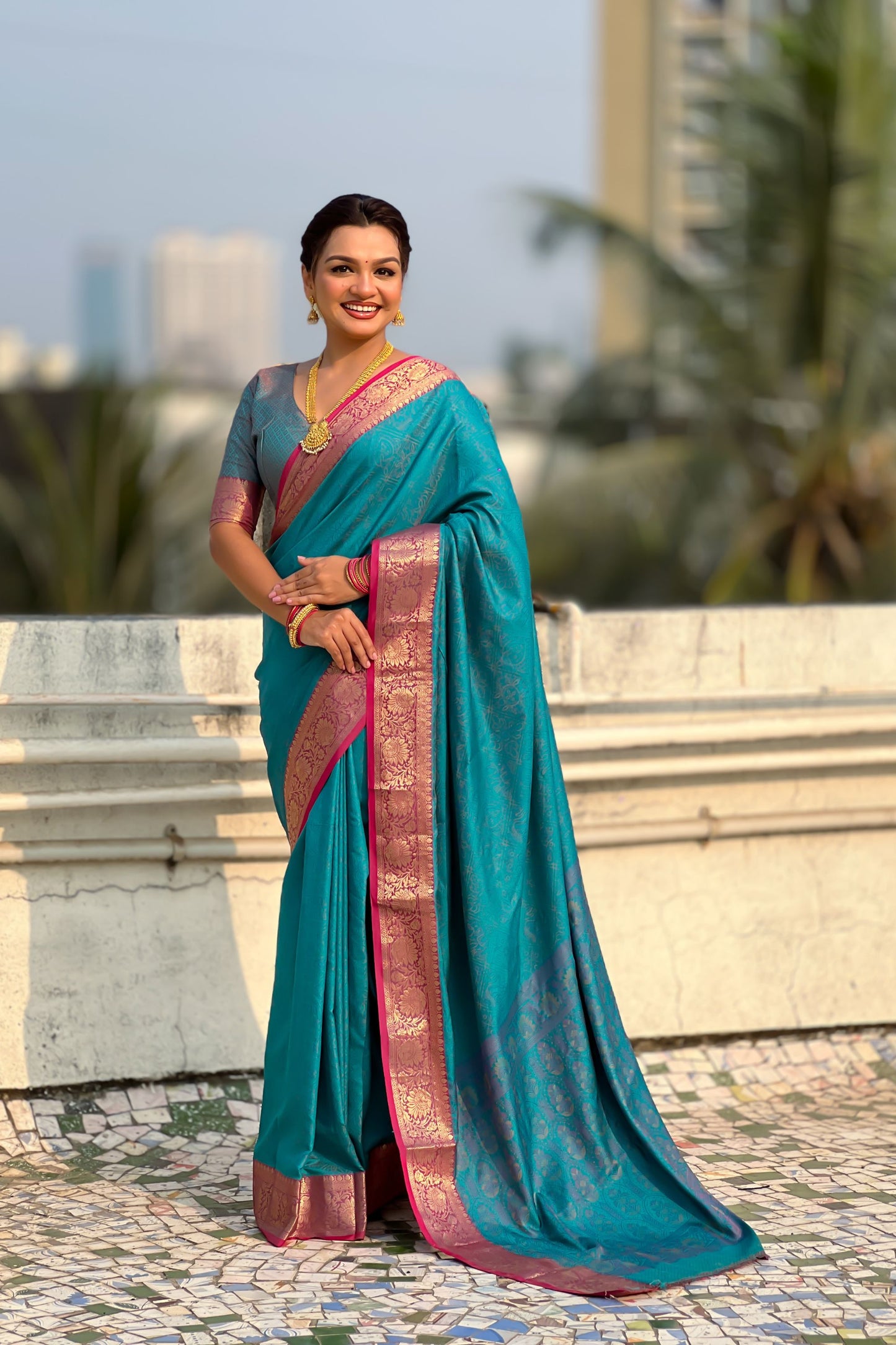 Teal Green Silk Saree with Pink Zari Border Traditional Designer Saree