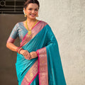 Teal Green Silk Saree with Pink Zari Border Traditional Designer Saree