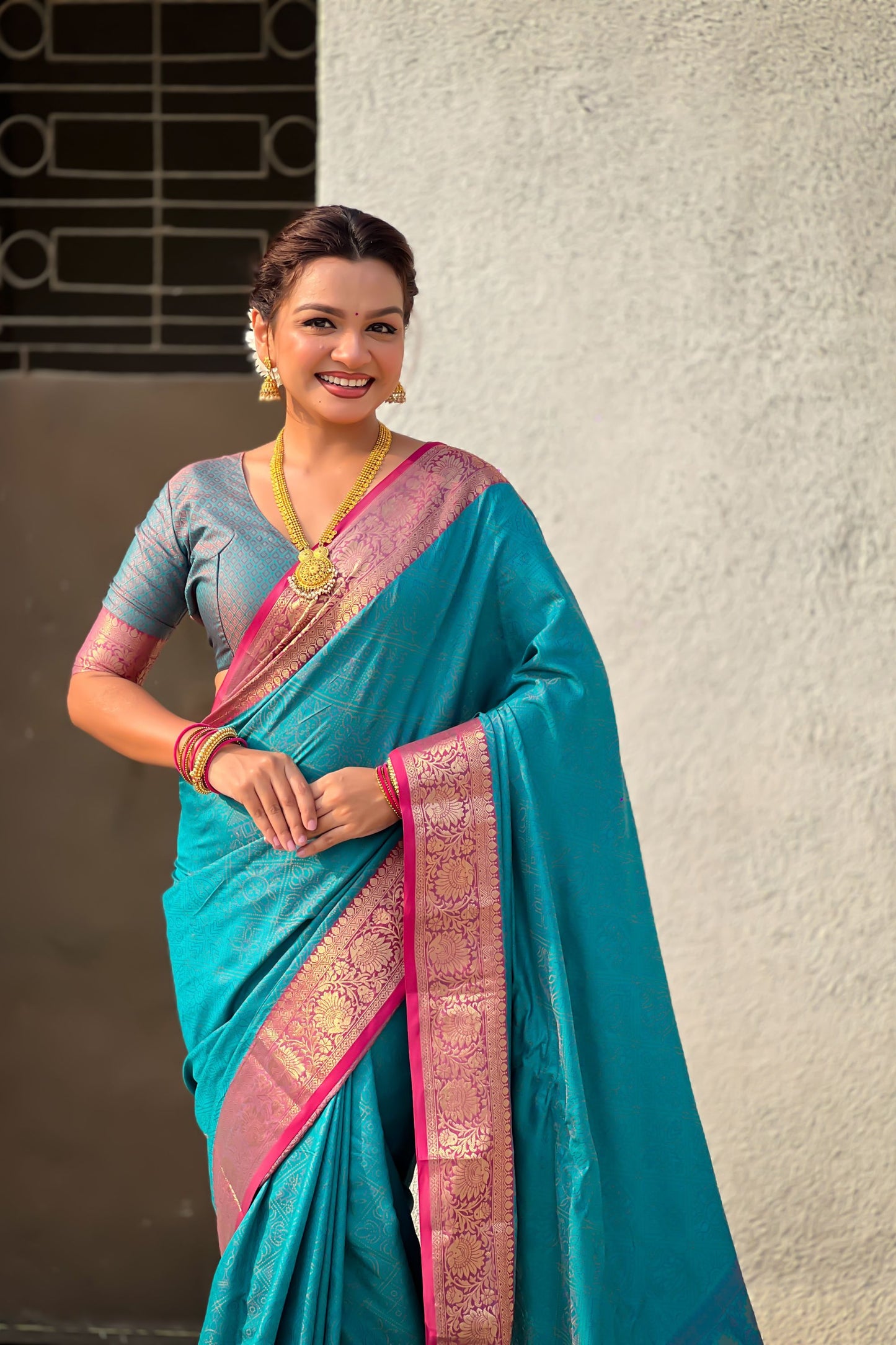 Teal Green Silk Saree with Pink Zari Border Traditional Designer Saree