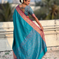 Teal Green Silk Saree with Pink Zari Border Traditional Designer Saree
