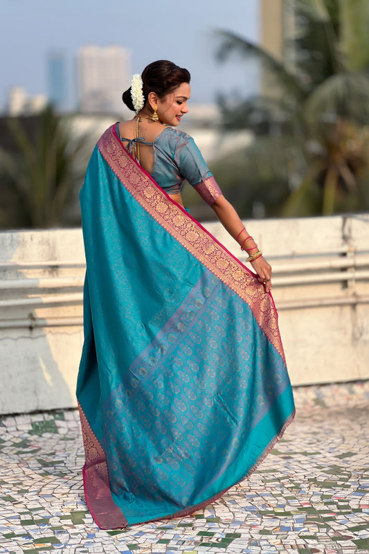 Teal Green Silk Saree with Pink Zari Border Traditional Designer Saree