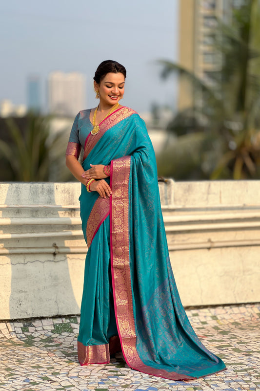 Teal Green Silk Saree with Pink Zari Border Traditional Designer Saree