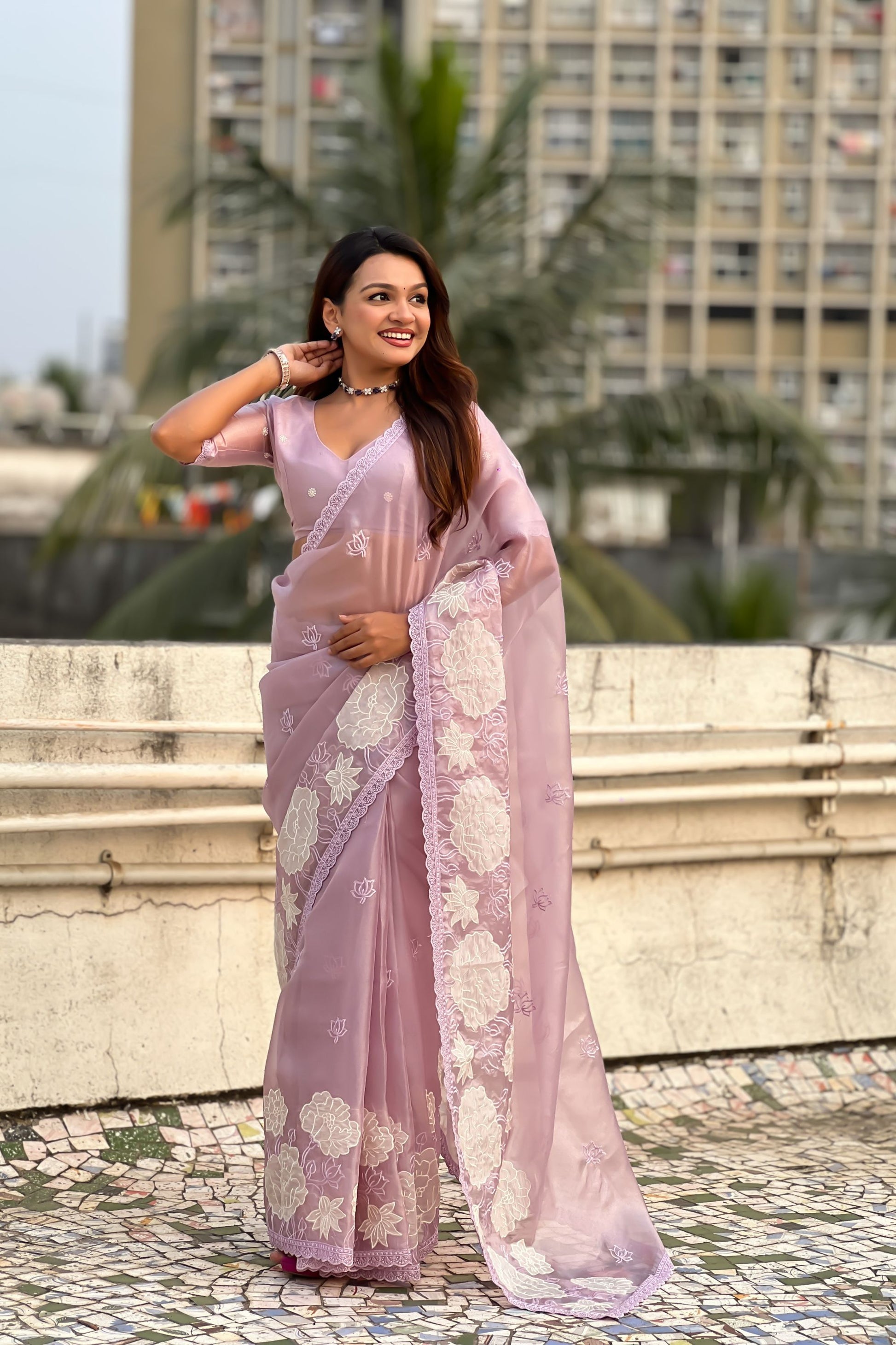 Pink Organza Saree Floral Embroidery Designer Party Wear Saree