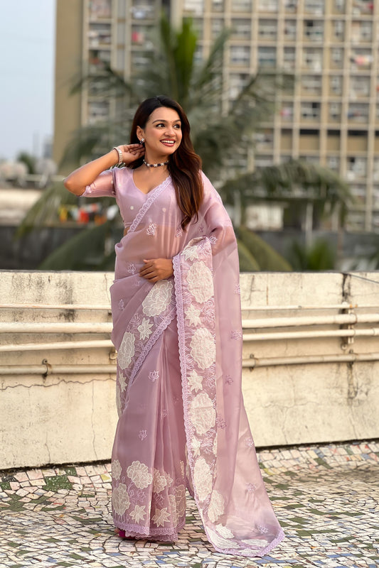Pink Organza Saree Floral Embroidery Designer Party Wear Saree