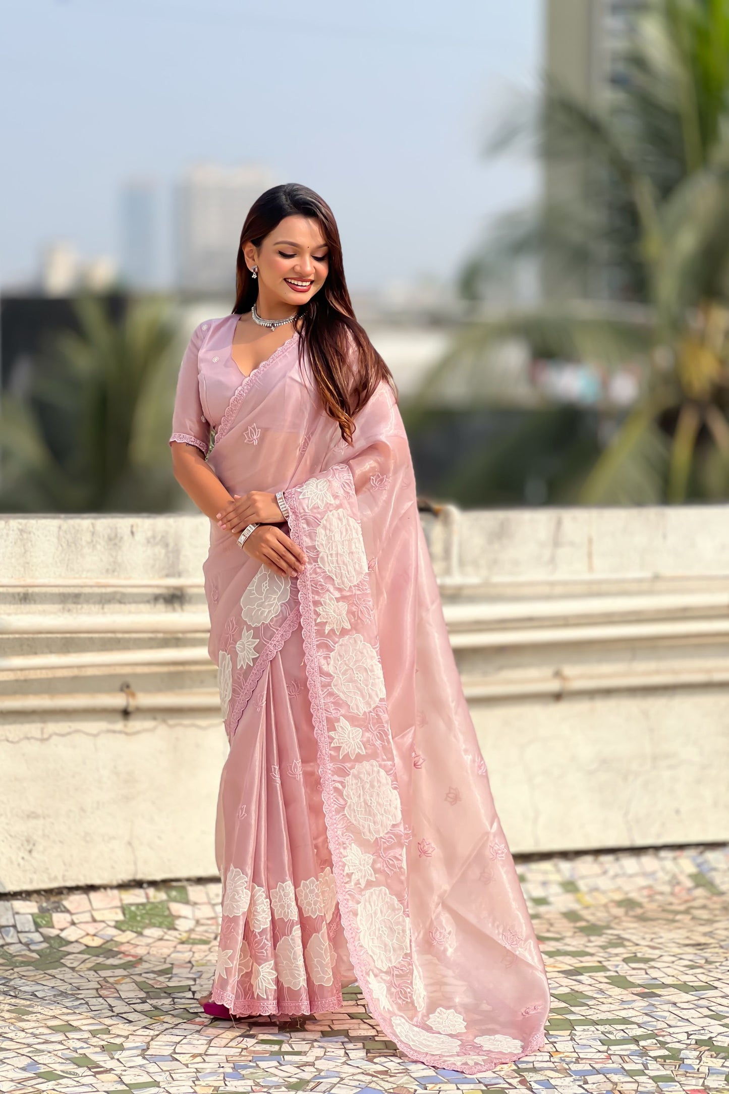 Blush Pink Organza Saree with White Floral Embroidery Designer Party Wear