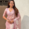 Blush Pink Organza Saree with White Floral Embroidery Designer Party Wear