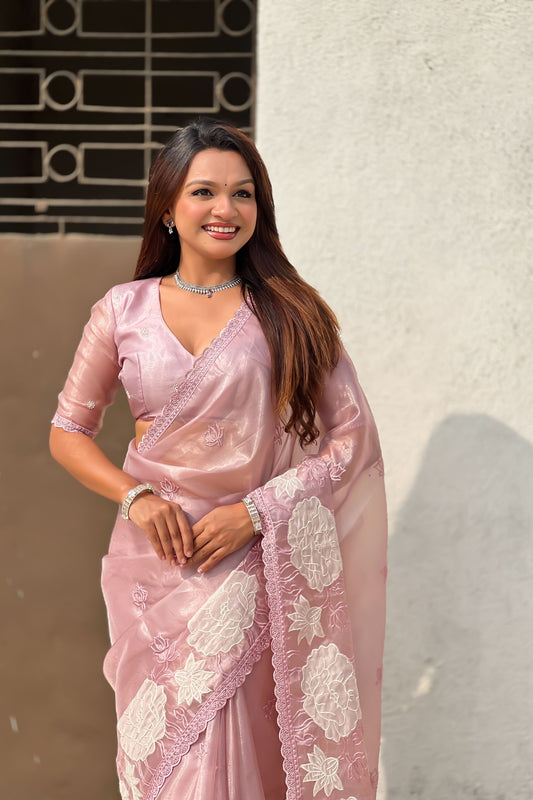 Blush Pink Organza Saree with White Floral Embroidery Designer Party Wear