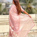 Blush Pink Organza Saree with White Floral Embroidery Designer Party Wear