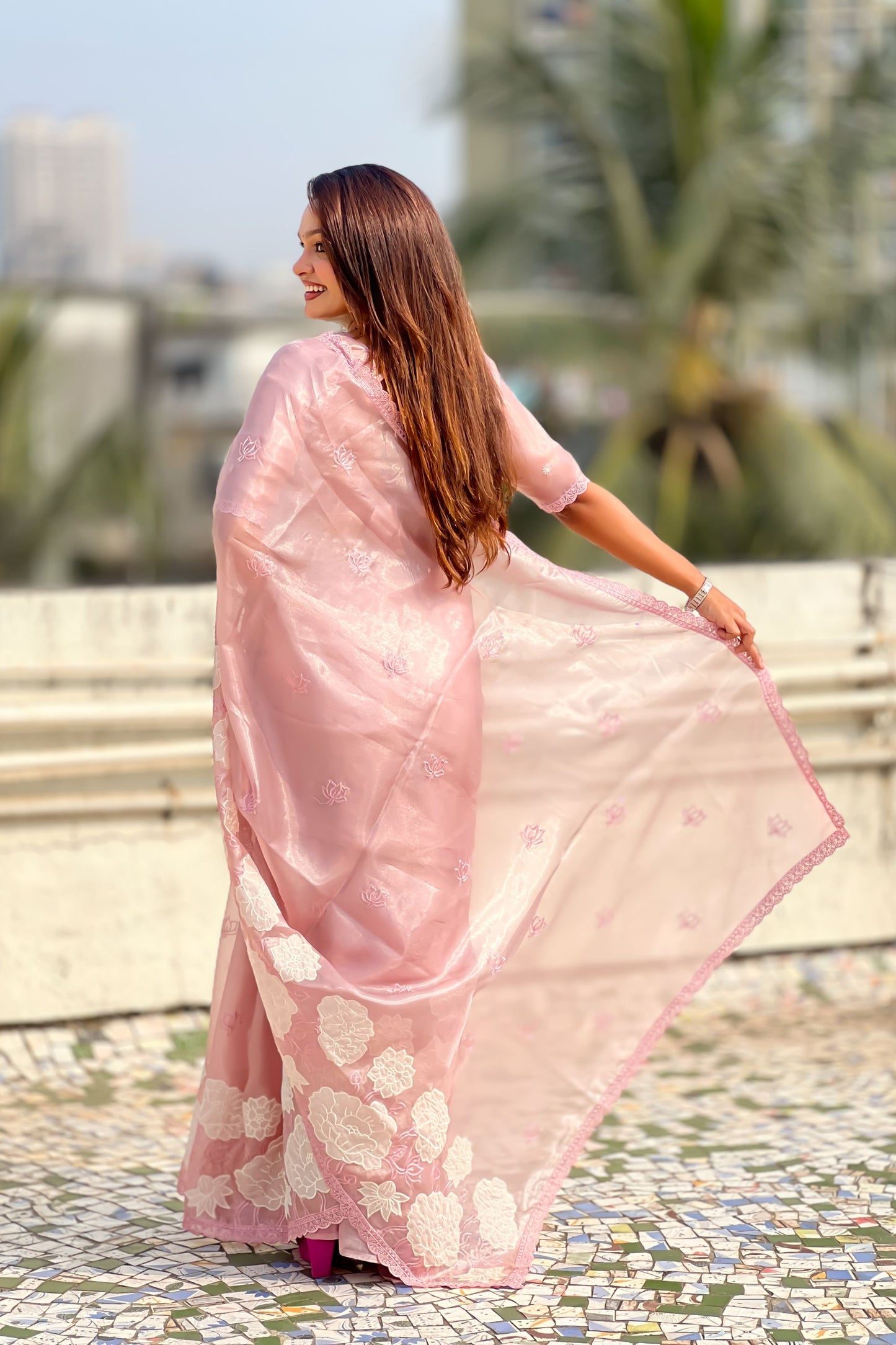 Blush Pink Organza Saree with White Floral Embroidery Designer Party Wear