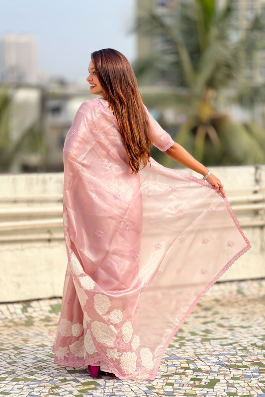 Blush Pink Organza Saree with White Floral Embroidery Designer Party Wear