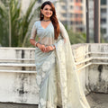 Pastel Mint Green Organza Saree with White Floral Embroidery