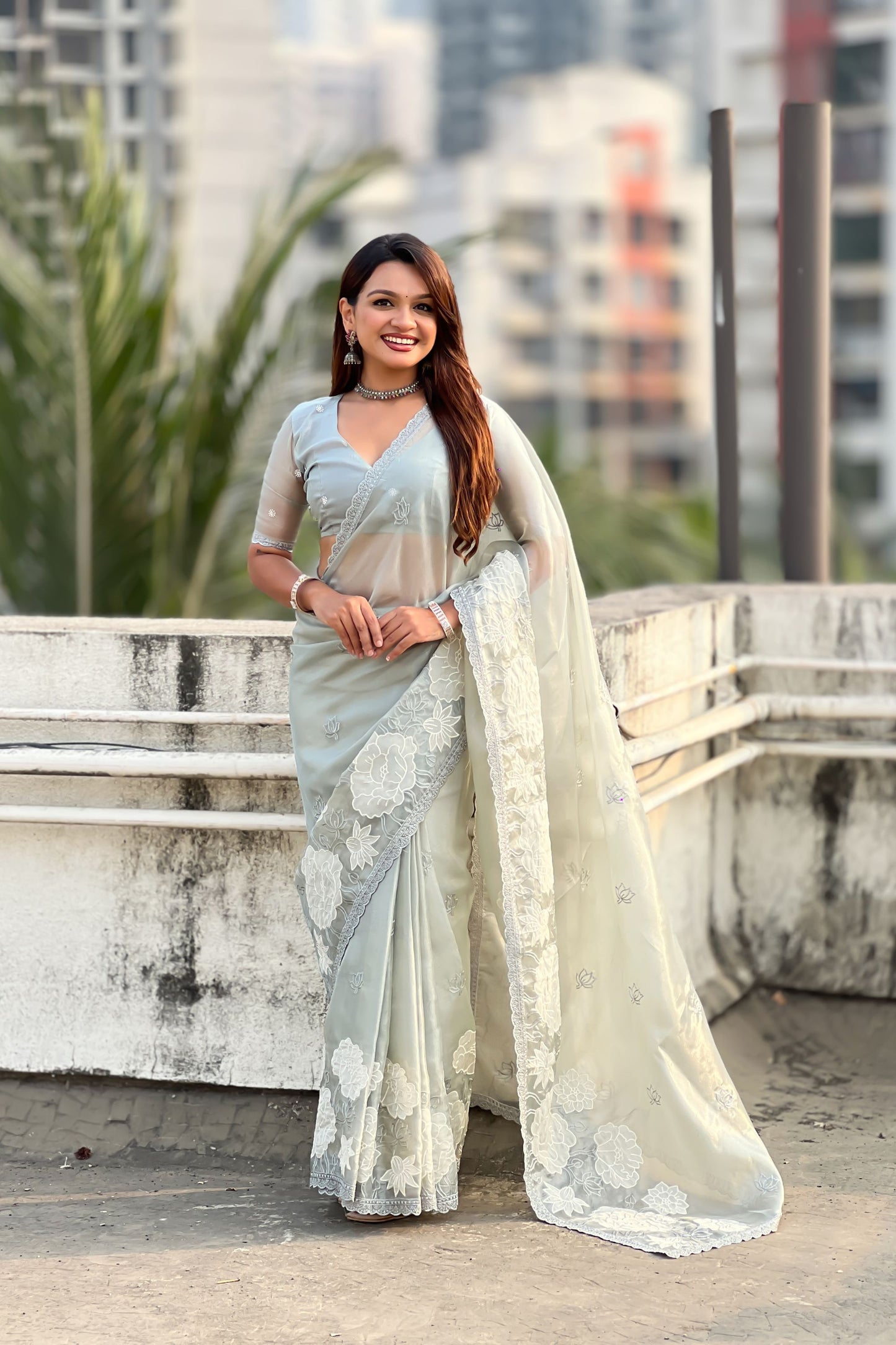 Pastel Mint Green Organza Saree with White Floral Embroidery