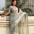 Pastel Mint Green Organza Saree with White Floral Embroidery