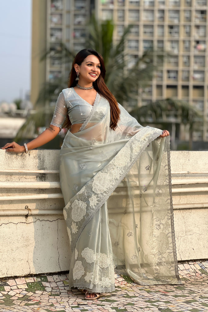 Pastel Mint Green Organza Saree with White Floral Embroidery
