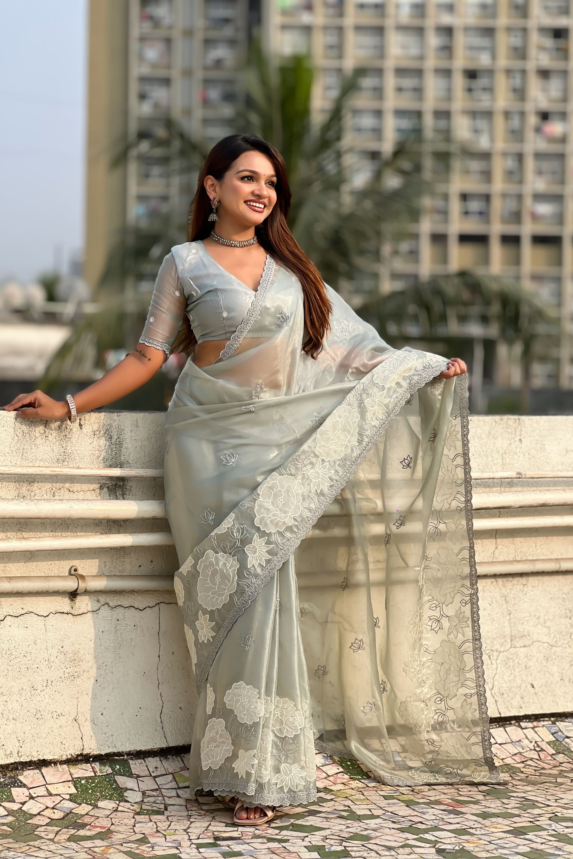 Pastel Mint Green Organza Saree with White Floral Embroidery
