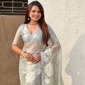 Pastel Mint Green Organza Saree with White Floral Embroidery