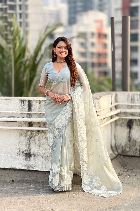 Pastel Mint Green Organza Saree with White Floral Embroidery