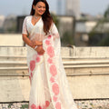 Stunning White Organza Party Wear Saree with Pink Floral Embroidery Border