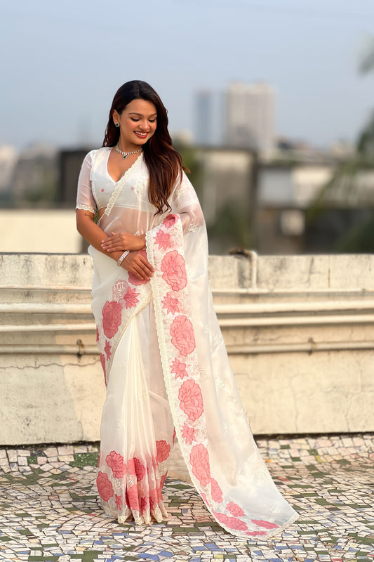 Stunning White Organza Party Wear Saree with Pink Floral Embroidery Border
