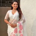 Stunning White Organza Party Wear Saree with Pink Floral Embroidery Border