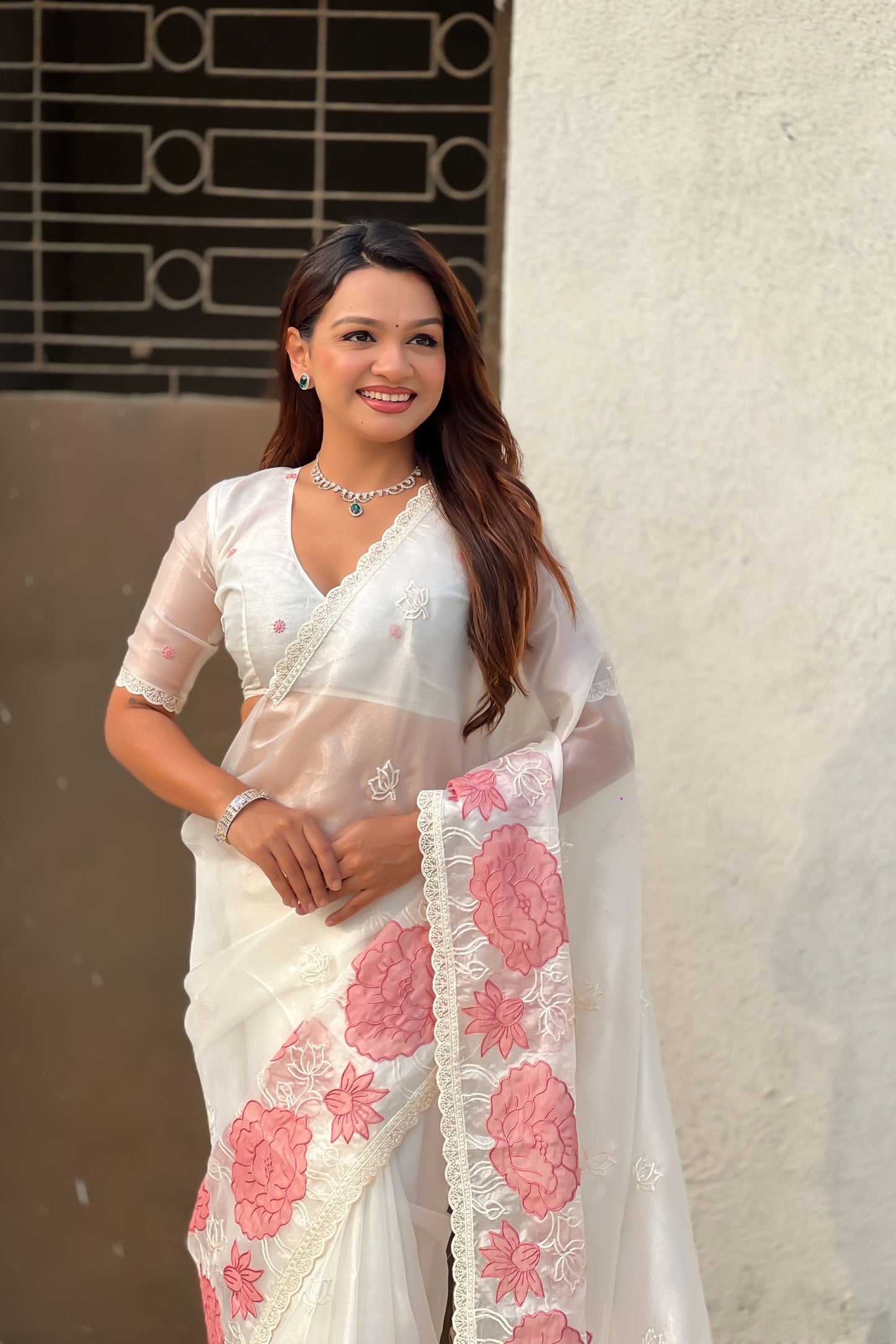 Stunning White Organza Party Wear Saree with Pink Floral Embroidery Border