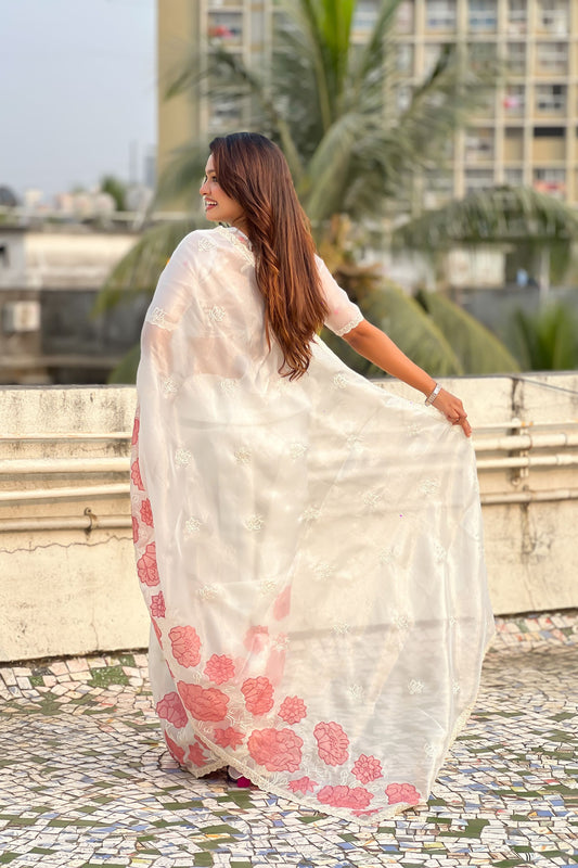 Stunning White Organza Party Wear Saree with Pink Floral Embroidery Border