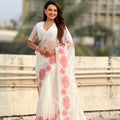 Stunning White Organza Party Wear Saree with Pink Floral Embroidery Border