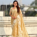 Stylish Golden Organza Embroidered Party Wear Saree with Floral Work and Blouse