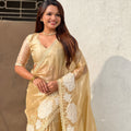 Stylish Golden Organza Embroidered Party Wear Saree with Floral Work and Blouse