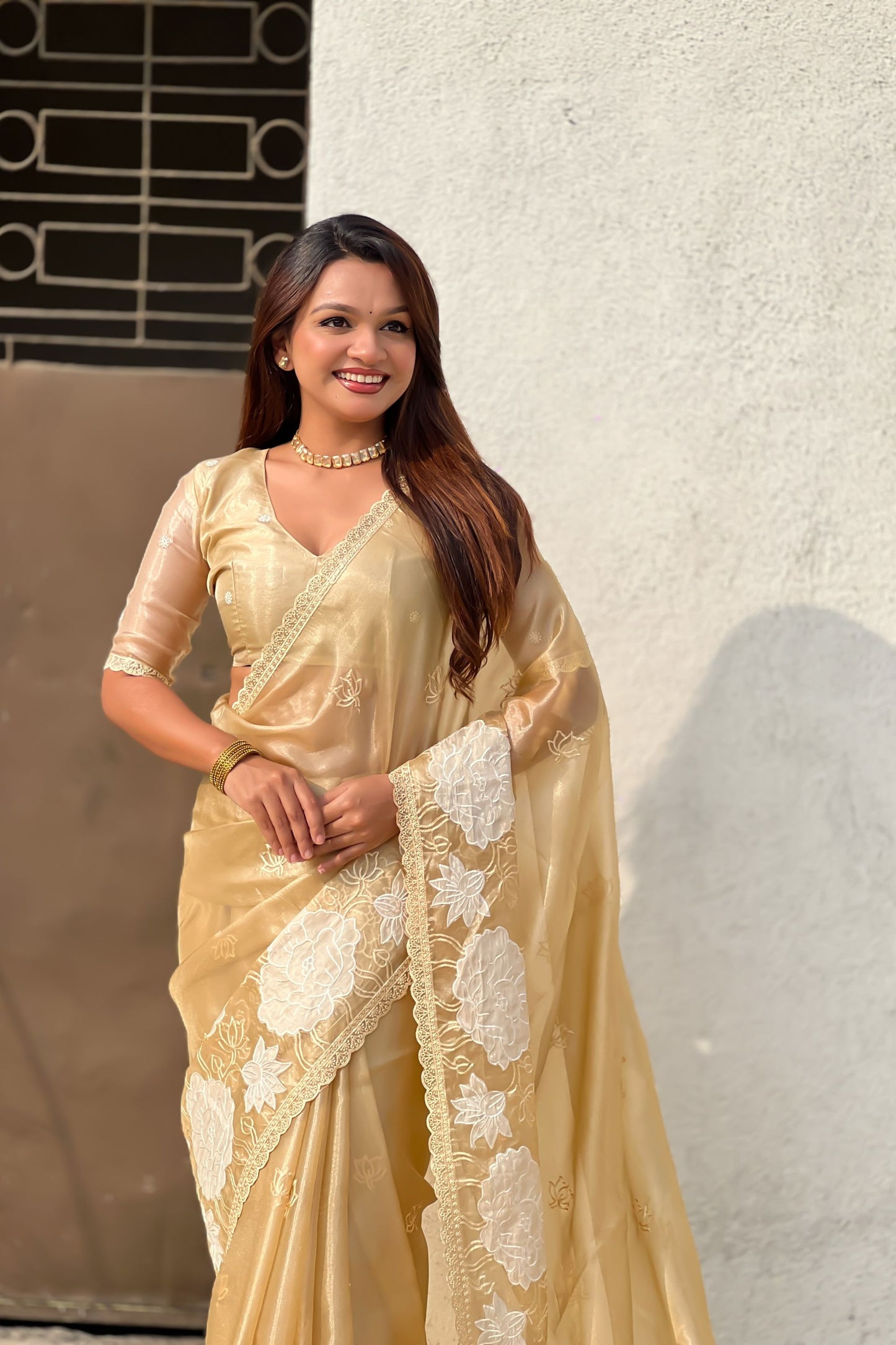 Stylish Golden Organza Embroidered Party Wear Saree with Floral Work and Blouse