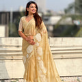 Stylish Golden Organza Embroidered Party Wear Saree with Floral Work and Blouse