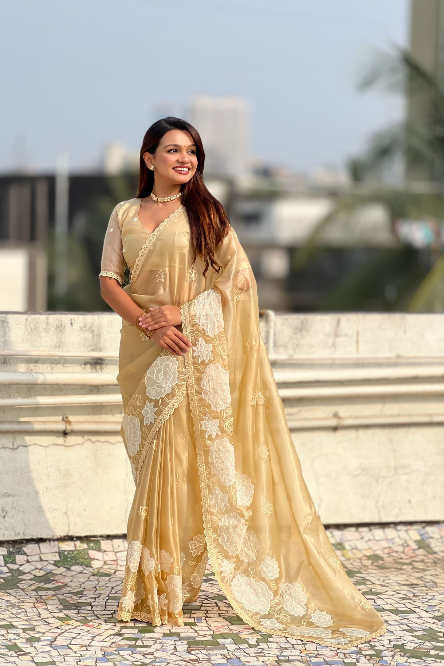 Stylish Golden Organza Embroidered Party Wear Saree with Floral Work and Blouse