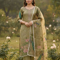 Stylish Olive Green Cotton Printed Semi-Stitched Straight Salwar Suit with Dupatta
