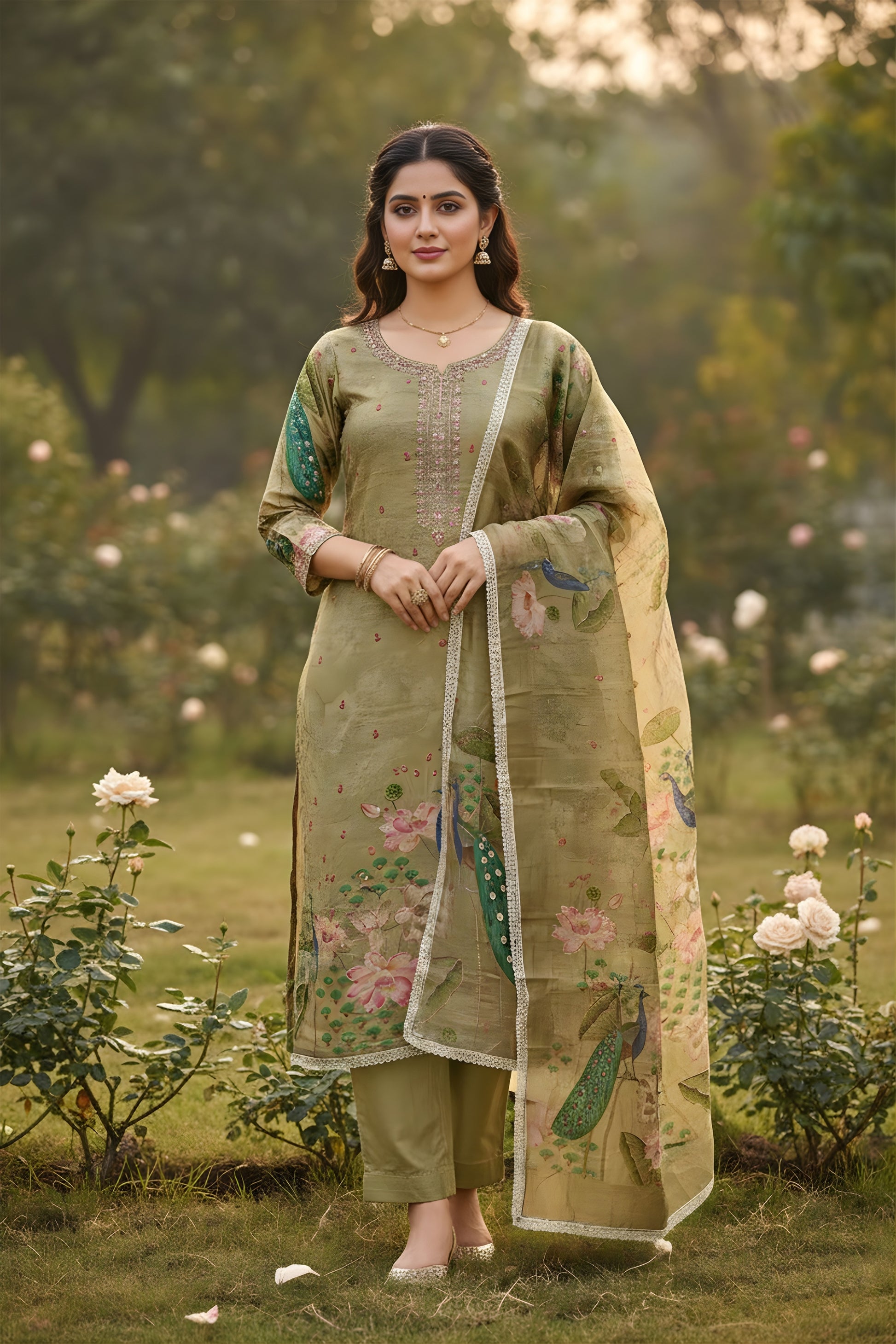 Stylish Olive Green Cotton Printed Semi-Stitched Straight Salwar Suit with Dupatta
