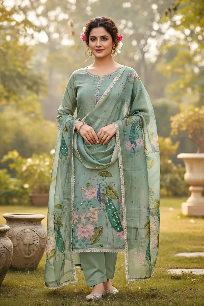 Trendy Sea Green Cotton Printed Semi-Stitched Straight Salwar Suit with Dupatta
