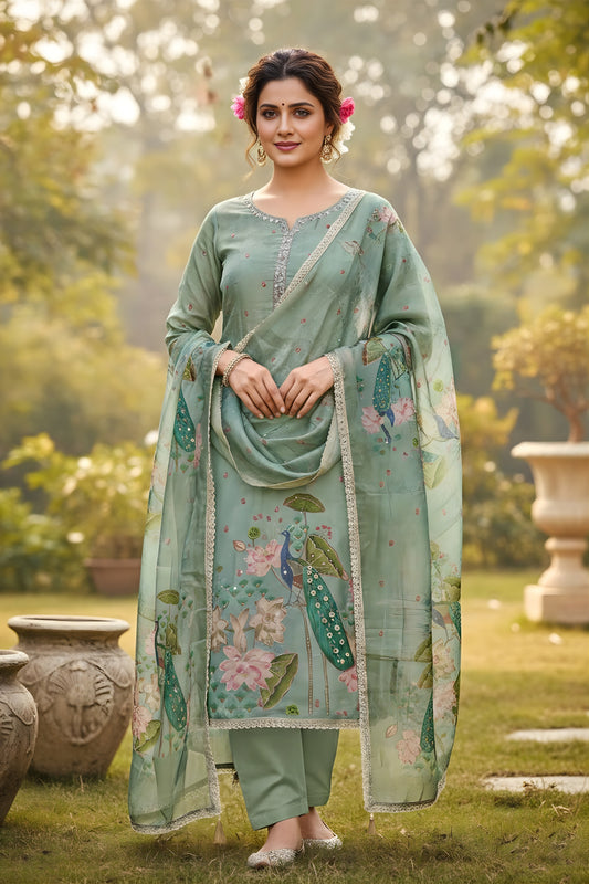 Trendy Sea Green Cotton Printed Semi-Stitched Straight Salwar Suit with Dupatta