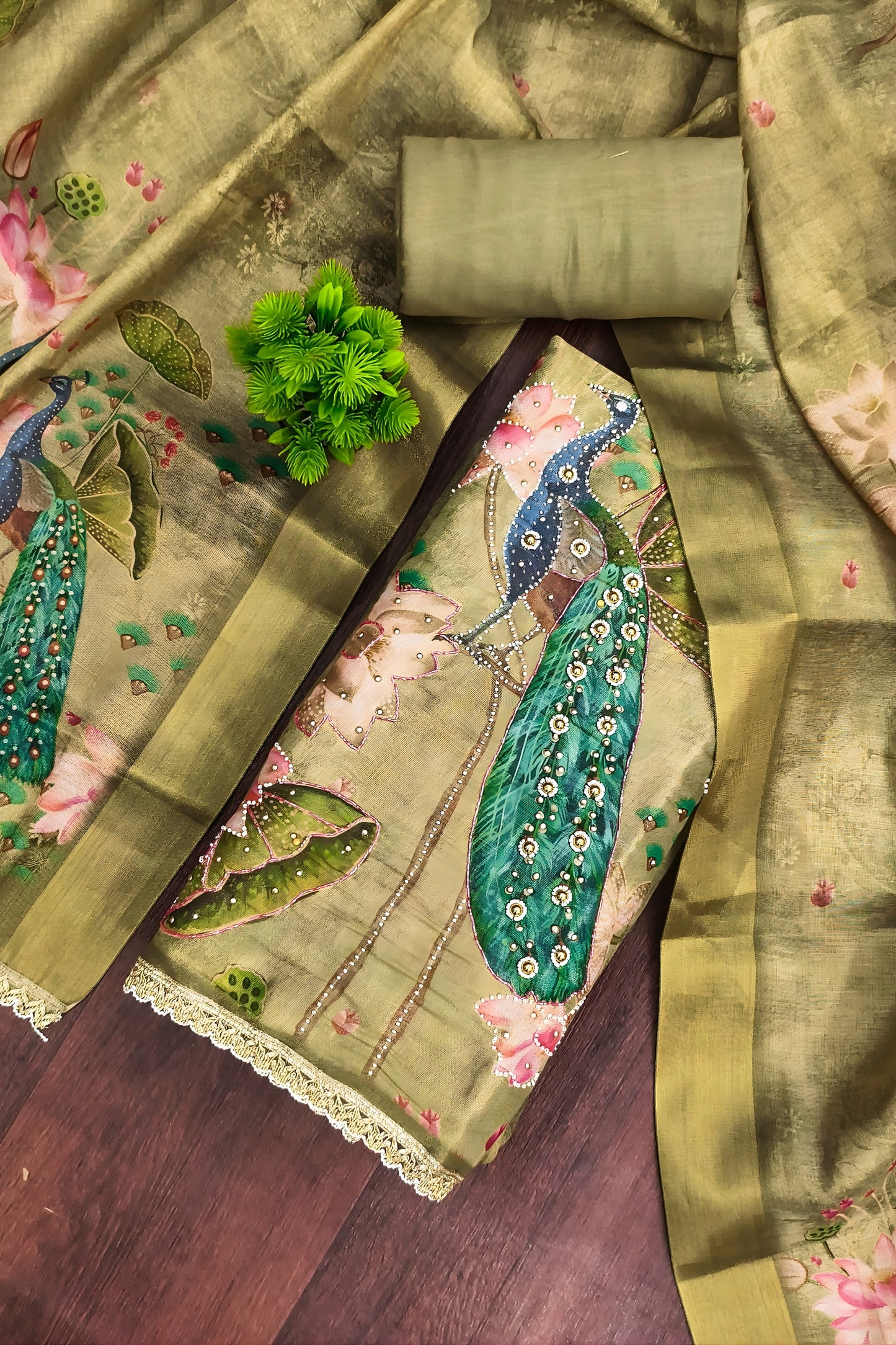 Fancy Olive Green Cotton Printed Semi-Stitched Straight Salwar Suit with Dupatta